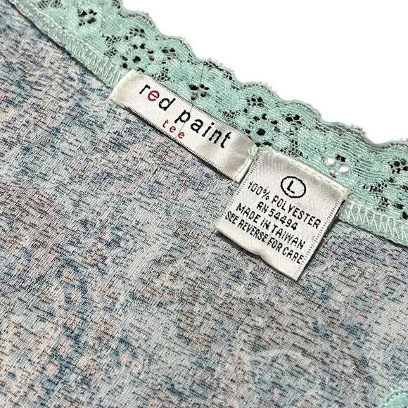 VTG Y2K Red Paint Tee Aqua Blue Paisley Pattern Lace Trim Bell Sleeve Fairy Top - Picture 8 of 8